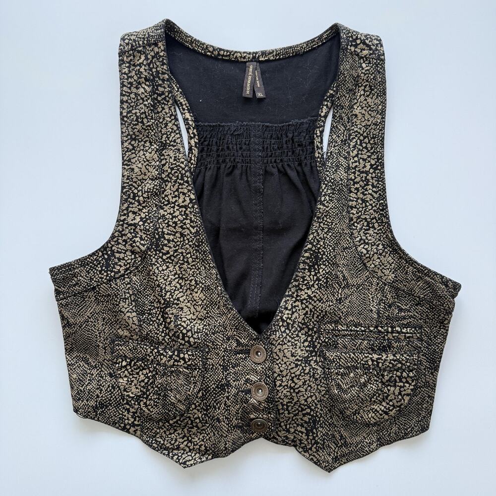 Highway Jeans Vest Juniors XL Black Animal Print Button Front Tie Back Cropped
